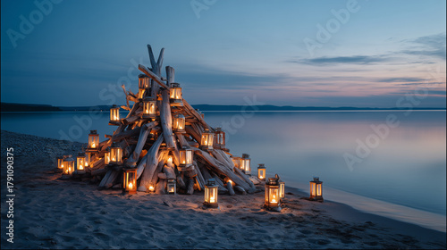 Lantern-lit driftwood installation on tranquil beach at dusk, glowing candles by calm water, romantic coastal evening atmosphere