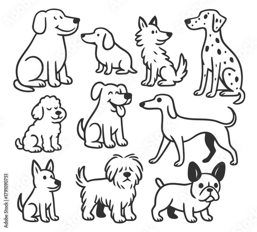 dog, puppy, canine, pet, animal, breed, poodle, dachshund, dalmatian, terrier, french bulldog, shiba inu, maltese, labrador, cartoon, doodle, illustration, line art, drawing, cute, friendly, happy, pl