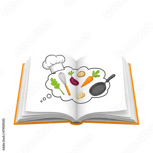 Open cookbook showing chef's hat, whisk, vegetables, frying pan in thought bubble, symbolizing culinary inspiration, recipe on transparent background.
