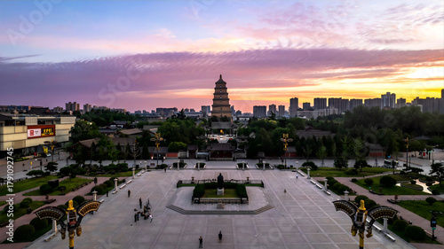 Big Goose Pagoda Xi'an China Sunset Over Plaza with Dramatic Clouds
