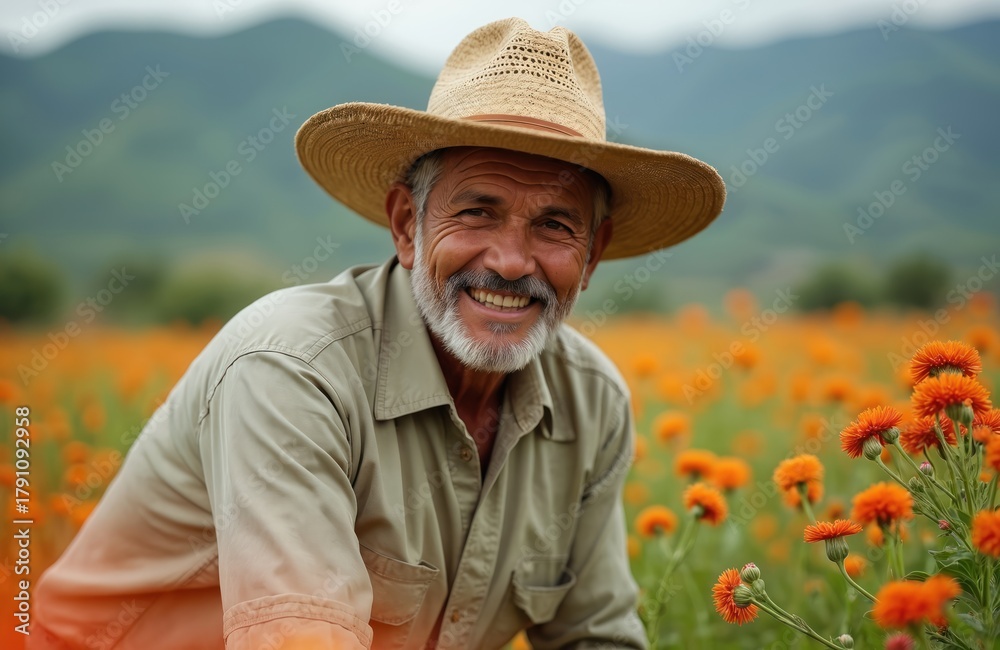 Fototapeta premium Mature latin man smiles in field. Senior male with beard in hat on farm with orange flowers. Experienced hispanic farmer posing at camera in rural Mexico landscape. Cultivation of organic food.