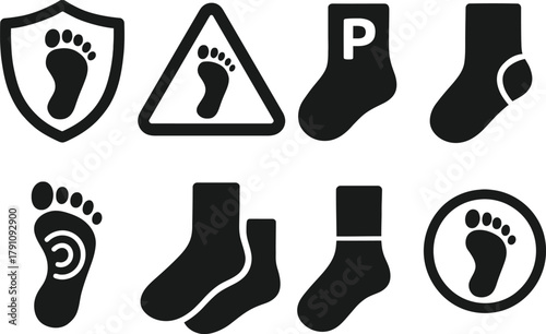 Foot and Sock Icon Set , Sock Vector Set , Foot Anatomy Symbols , Socks Branding Icons , Foot Health Icons , Black Line Symbols of Feet, Socks, Heel Targets, and Protective Shields for Packaging