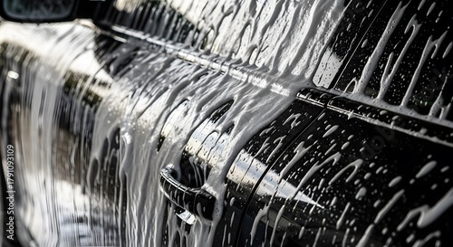 Closeup of a black car being washed with soap and water