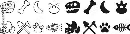 Dinosaur and Fossil Icon Set , Dinosaur icons , Skull Icon Set , Archaeology Icons , Dinosaur Icons , Fossil Symbols , Outline and Filled Styles of Skulls, Bones, Pickaxes, Paw Prints, Moons, and Fish