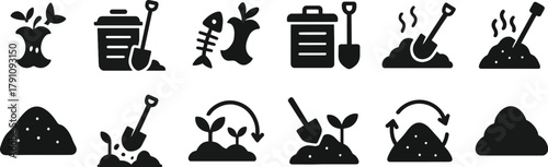 Composting  Icon Set , Gardening Icon Set , Organic Waste Graphics , Decomposing Food Vector , Sustainable Gardening Icons, Black Line Symbols of Organic Waste, Compost Bins, Shovels, Steam, and Soil 