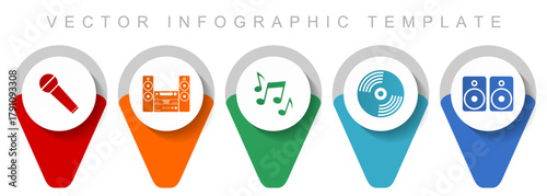 Flat vector infographic template with multimedia and music icons — microphone, stereo system, musical notes, vinyl record, and speakers design for audio, podcast, and entertainment concepts.