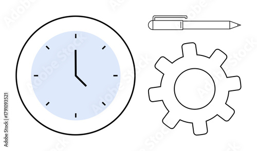Clock displaying time, gear symbolizing process, and pen indicating creativity. Ideal for productivity, time management, workflow, teamwork, planning, organization simple flat metaphor