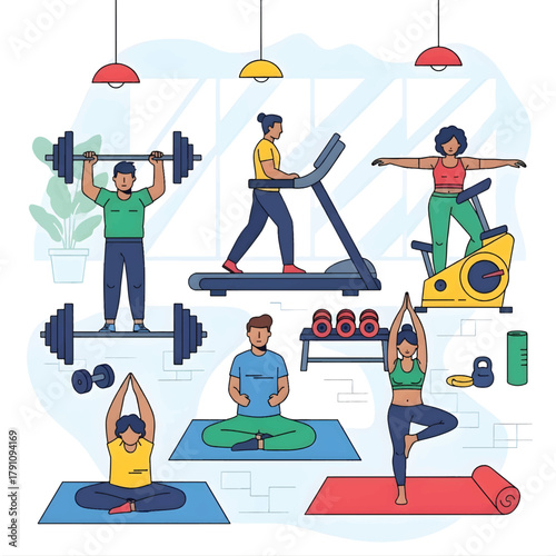 Group of people exercising and practicing yoga in a fitness studio with various gym equipment for a healthy lifestyle