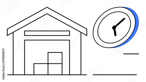 Warehouse structure containing stacked boxes and large clock portraying time management. Ideal for logistics, supply chain, productivity, punctuality, delivery, storage, business planning. Simple