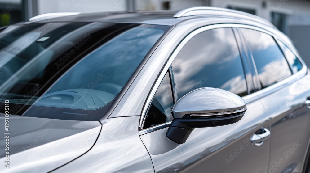 Fototapeta premium A silver car with a clear windshield and a black rearview mirror. The car is parked in a garage
