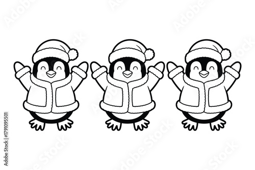 Three adorable cartoon penguins wearing Santa hats and coats are cheerfully waving their flippers.