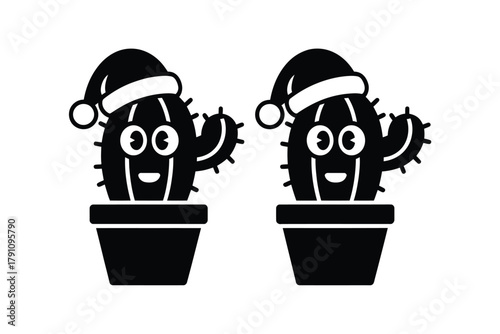 Two cartoon cactuses wearing Santa hats are smiling and have happy expressions.