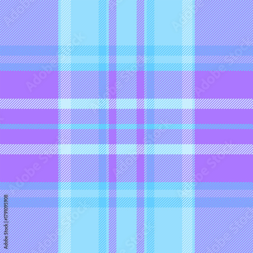 Rough check texture fabric, geometric tartan vector plaid. Coat background pattern seamless textile in cyan and violet colors.