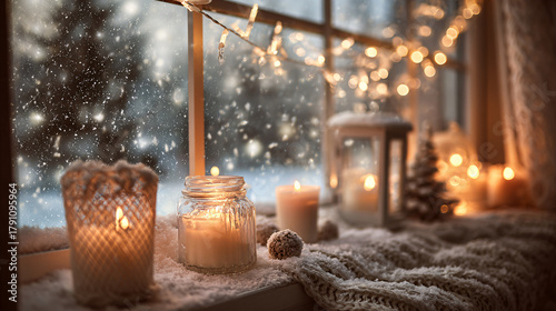 Christmas window sill with candles and snow outside 