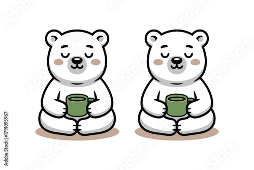 Two cute polar bears sit peacefully holding green mugs and meditating.