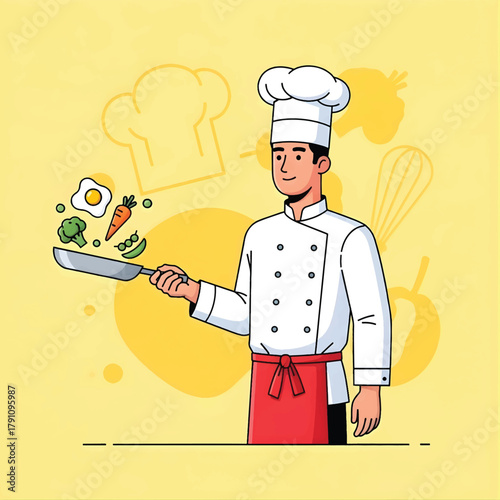Delightful chef preparing vegetables in a pan with flair in a light and modern illustration