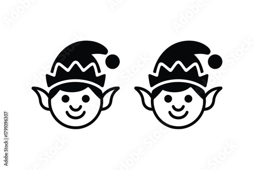 Two smiling elf faces with pointed ears and hats are depicted in a simple black and white graphic style.