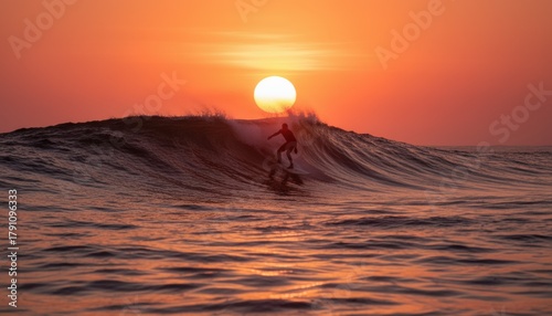 Fototapeta Naklejka Na Ścianę i Meble -  Silhouette of surfer gliding on glowing wave under vivid orange sunset symbolizing harmony strength and beauty of ocean sports at golden hour
