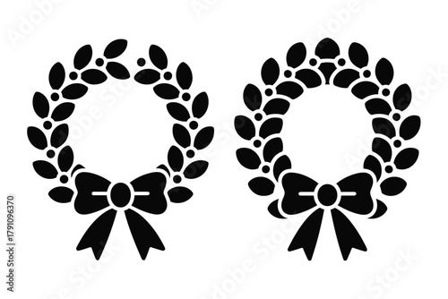 Two black silhouette wreaths with bows are displayed side by side on a white background.