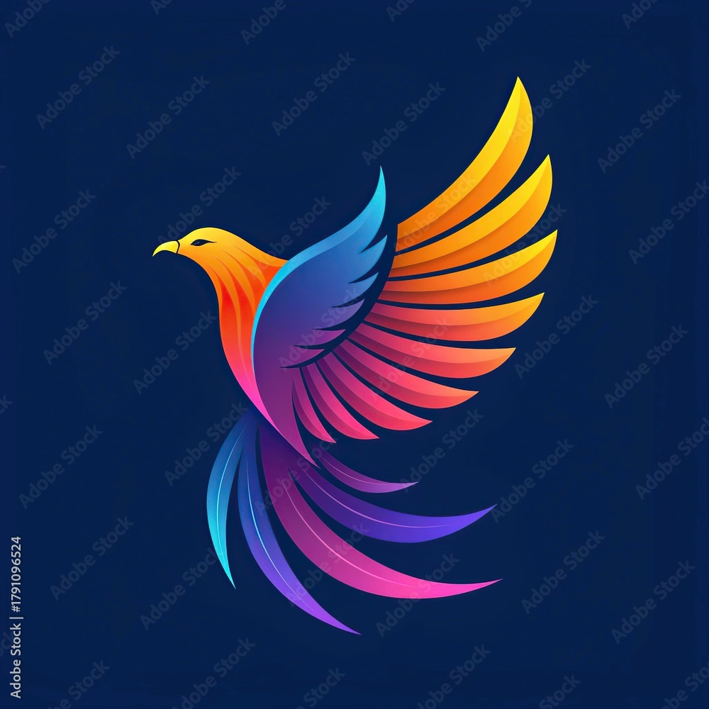 Obraz premium Vibrant phoenix bird illustration with colorful gradient wings against a dark blue background for digital art