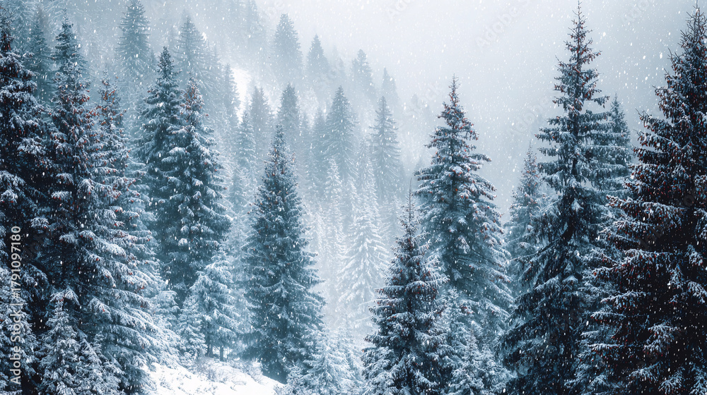 Obraz premium Christmas winter wonderland forest with snowfall 