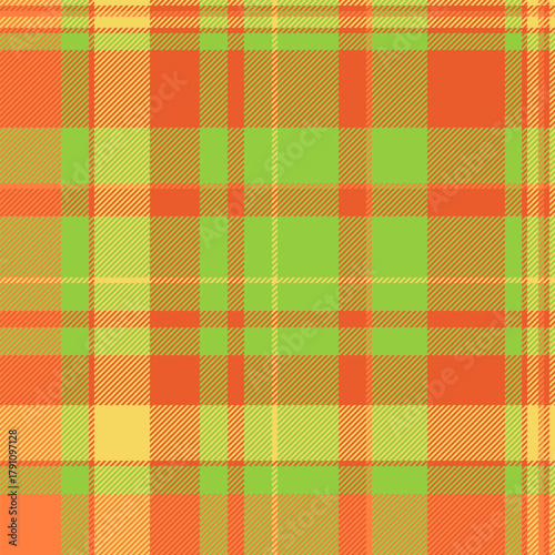 Close up tartan fabric pattern, infinity seamless vector textile. Commercial background plaid check texture in orange and green colors.