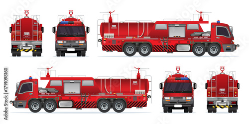 Fire engine red car truck vehicle with water cannon equipment 3D model realistic highly detailed flat vector set  illustration
