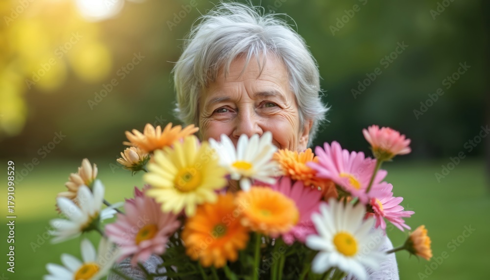 Naklejka premium Smiling senior woman holds bright flower bouquet outdoor. Elderly lady in garden with colorful daisies looks joyful. Grandma enjoys floral gift. Positive female celebrates mothers day in park.