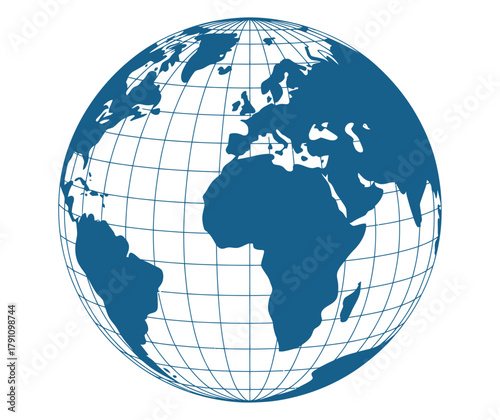 A blue globe representing the Earth with continents and latitude and longitude lines.