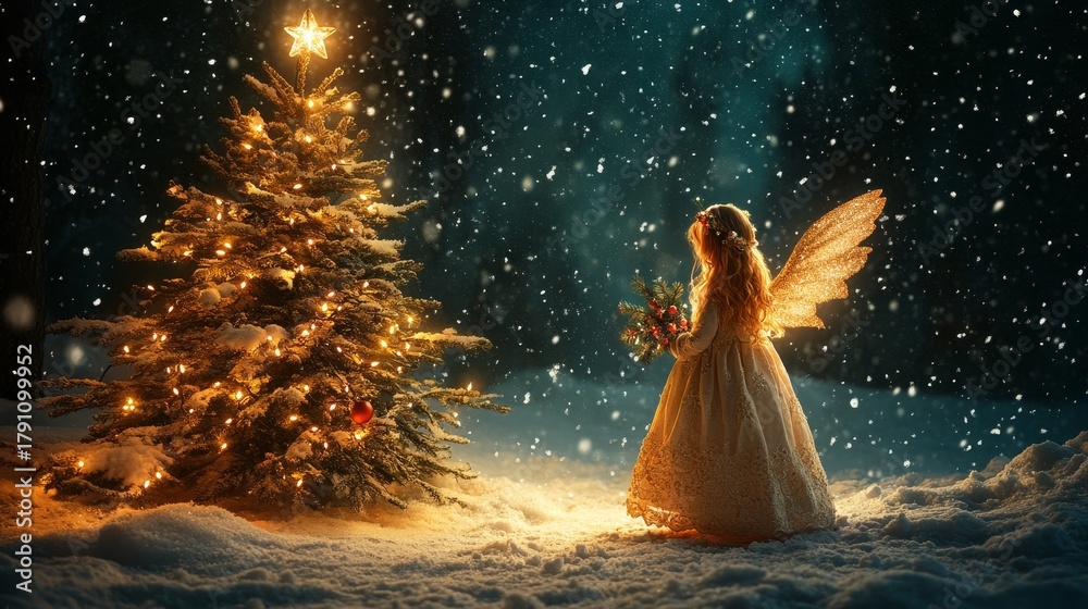Fototapeta premium Beautiful angel with wings presenting a pinecone near a decorated Christmas tree in a snowy backdrop.