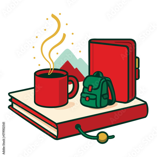 Cozy Travel Journal with Coffee Mug, Backpack, Mountain Backdrop for t-shirt design