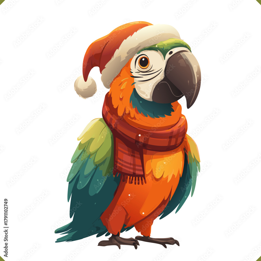 Fototapeta premium Vector illustration of a parrot wearing a warm hat and scarf, cute winter bird, isolated on a white background