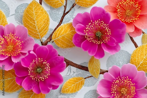 Vibrant flowers and golden leaves on branches background