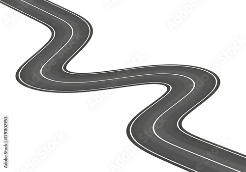 Curving asphalt road with white lines isolated on transparent background