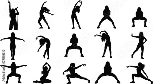 Female dancer silhouettes performing energetic dance poses and singing, modern choreography vector illustration for performance, music, and artistic design