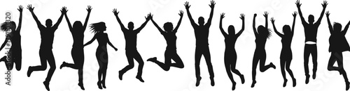 Group of people jumping together silhouette, happy friends celebrating success, teamwork and freedom concept, black vector illustration design