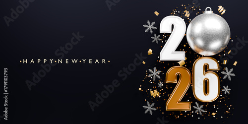 Happy New Year 2026 design. 3d render.