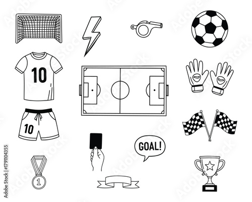 Soccer icons set collection of football elements such as field.