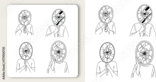 A person holding a shattered mirror reflecting distorted reality symbolizing fractured identity on