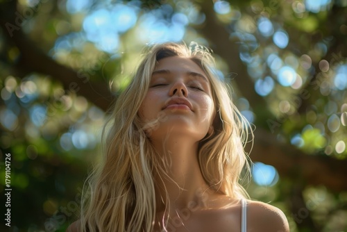 Woman enjoying deep breathing in natural setting with green foliage and blue sky. Health and self control reflected in tranquil outdoor environment.