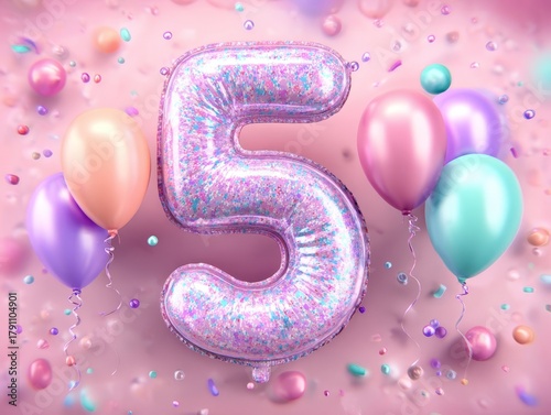 Pink and purple birthday balloon number 5. Festive party decor perfect for kids' celebrations and joyful themes.