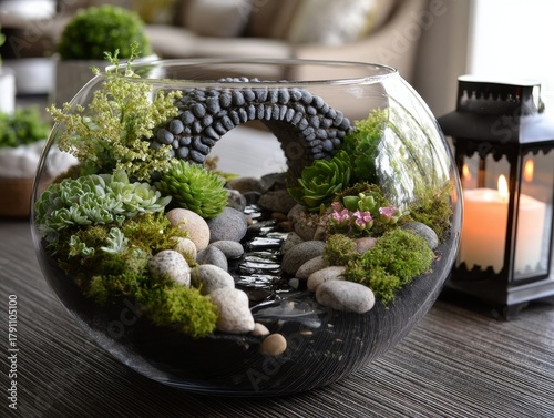 Glass bowl terrarium featuring lush plants, moss and smooth rocks. Serene natural decor piece with pebbles and greenery for indoor plant enthusiasts.