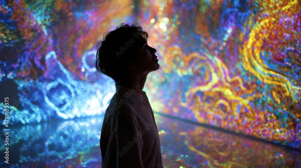 Fototapeta premium A man stands in front of a colorful painting, looking at it with a sense of wonder. The painting is full of bright colors and abstract shapes, creating a sense of movement and energy