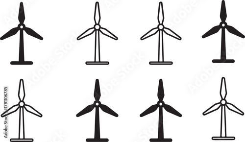 Isolated Wind Turbine black vector icon set, wind turbine icons, windmill clean renewable eco energy, solid black outline minimal thin stroke, sustainable power generation design