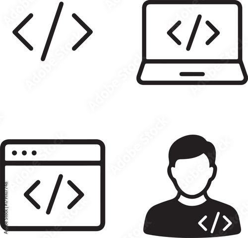 Isolated Coding black vector icon set, coding icons, developer software code laptop, solid black outline filled minimal thin stroke, programming design and development tools