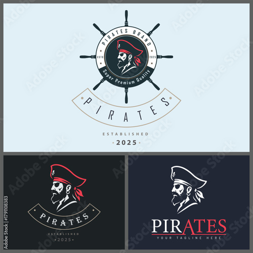 Pirates face head ship wheel logo set vintage design template