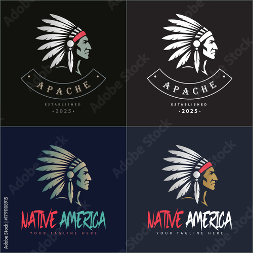 Apache indian aztec native american warrior tribes face head logo set vintage design template