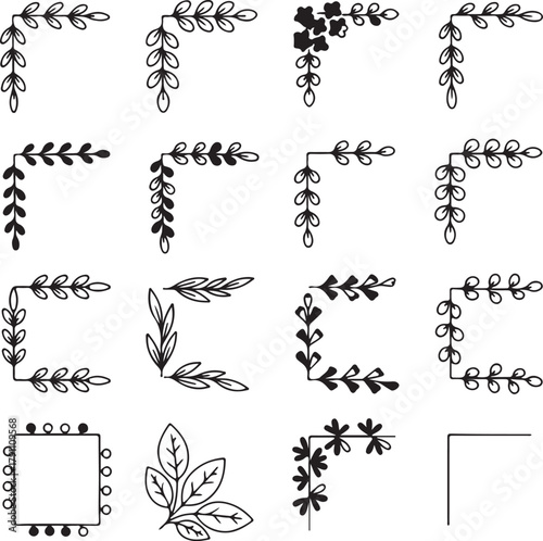 Collection of hand drawn floral corner ornaments and borders