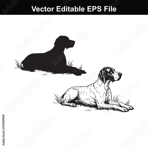 Two dogs, one a silhouette and the other a detailed illustration, lying down on grass, vector editable eps file