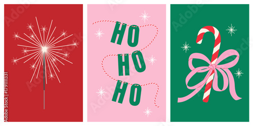 Set of hand drawn Christmas card with sparkler, paper garland, hohoho banner, striped red candy cane tied with pink bow on green background. New year isolated flat vector EPS10